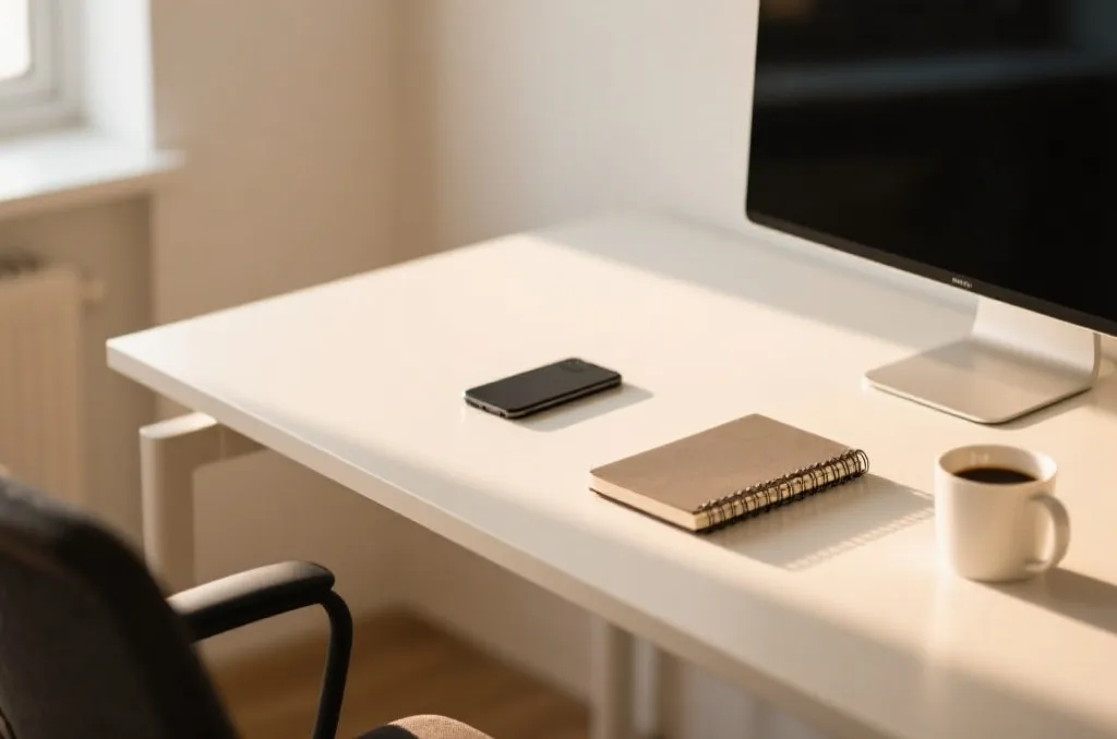 A clean modern office desk with a smartphone, a notebook, and a coffee cup, warm natural lighting